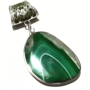 Vintage Malachite Slab and Enamel Large Slide Pendant or Scarf Slide